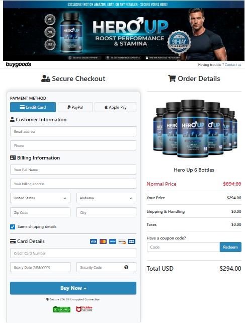 HeroUP secure order page with SSL encryption