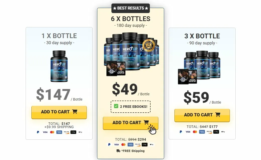 HeroUP pricing packages - 1 bottle $147, 6 bottles $49 per bottle best results with free shipping, 3 bottles $59 per bottle